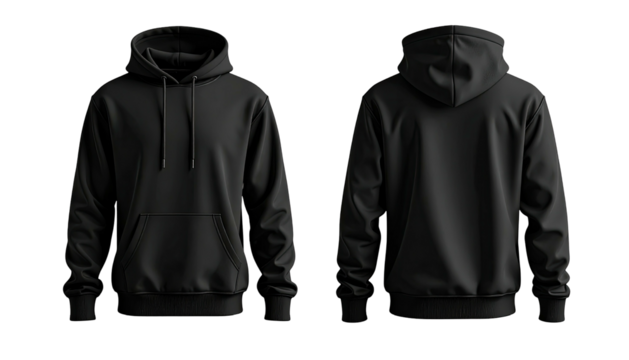 Black hoodie, front and back view, isolated on black background