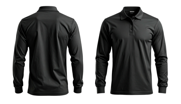 Black long-sleeve polo shirt, front and back, on a black background