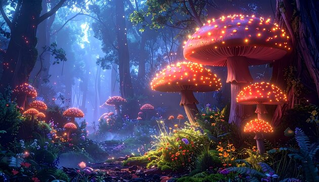 An ethereal forest scene features glowing mushrooms and lush flora