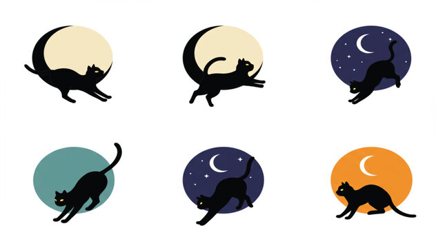 Black cat with moon vector illustration set, mystical feline silhouette collection, night animal art design concept for magic, Halloween, witchcraft, and decoration themes