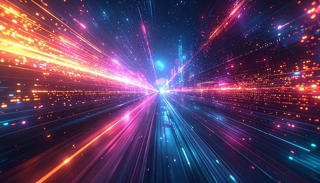 Abstract Hyper Speed Light Streaks in Futuristic Cityscape.