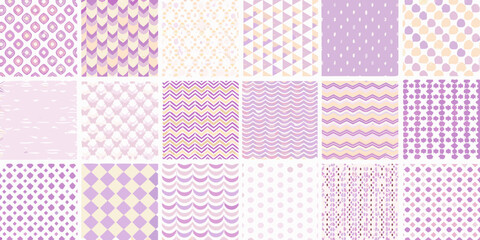 Collection of seamless pastel purple and yellow abstract geometric and organic patterns