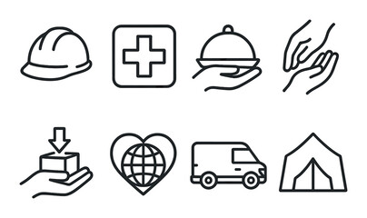 Humanitarian aid icons collection reflecting relief efforts and support activities
