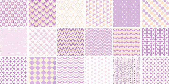 Collection of seamless pastel purple and yellow abstract geometric and organic patterns