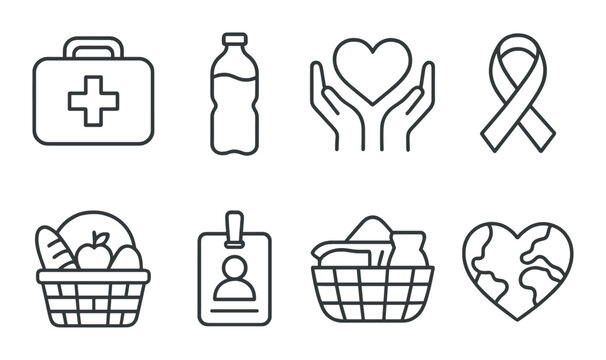 Charity and health icons: first aid, water bottle, heart, ribbon, food basket, id badge, laundry, earth