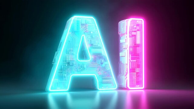 ネオンの輝きで回路が透けるガラス調の「AI」タイポグラフィ