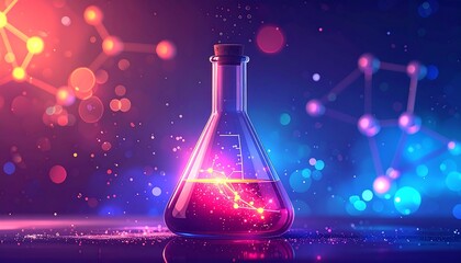 Erlenmeyer flask filled with glowing liquid in laboratory setting.