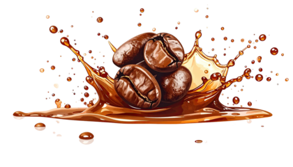 Coffee beans splash into coffee, creating a dynamic explosion