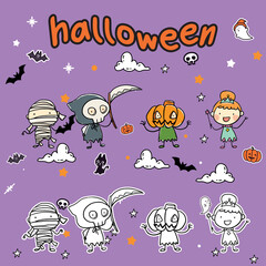 doodle cute funny cartoon monster halloween characters clip art hand drawn collection coloring comic page or book