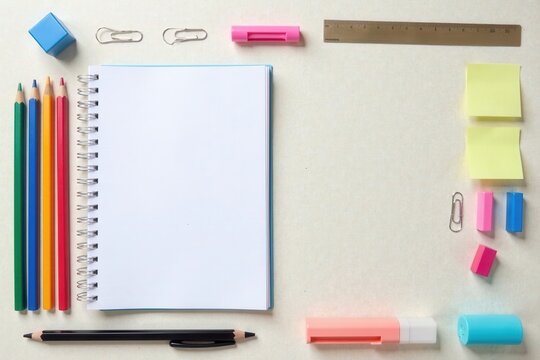 Blank Spiral Notebook Surrounded by Colorful Stationery Supplies for Note-Taking and Creative Projects
