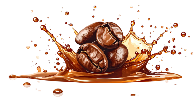 Coffee beans splash into coffee, creating a dynamic explosion