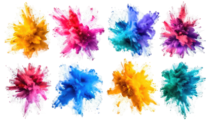 Eight colorful, exploded powder bursts on transparent backdrop