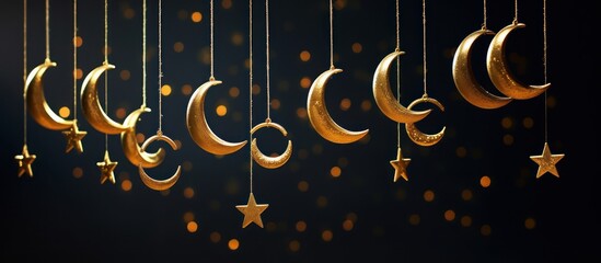 crescent moon, night sky, stars, glowing golden moons, celestial landscape, dark background, ethereal, dreamlike, magical, fantasy, digital art
