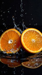 Sliced oranges splash water on black background