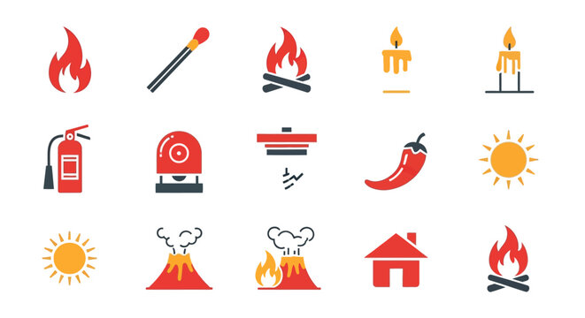 A collection of simple, stylized icons. Themes fire, sun, a match, a chili, a house and eruptions. Some icons are related to fire safety