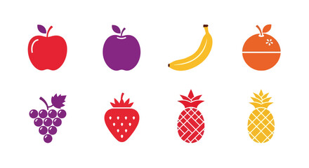 A collection of stylized fruits in vibrant colors, arranged in two rows of four, set against a plain white background. The fruits include an apple, plum, banana, orange, grapes, strawberry, pineapple