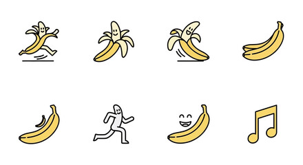 A collection of stylized, cartoon-like bananas and a stick figure, some with faces and motion, along with a musical note, rendered with black outlines