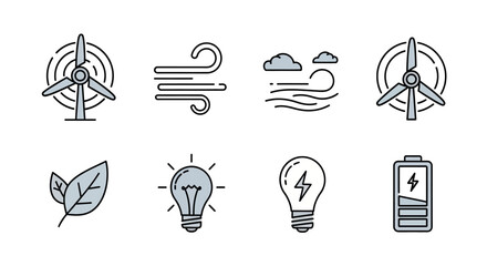 A collection of simple icons representing renewable energy sources. Depicted are wind turbines, wind, clouds, leaves, light bulbs and a battery. All are in a minimalist, flat style