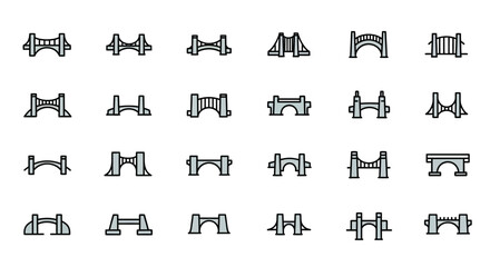 Collection of stylized bridge illustrations with varied designs and construction, presented in a colorful, flat, outlined style. Features arched, suspension, and truss types