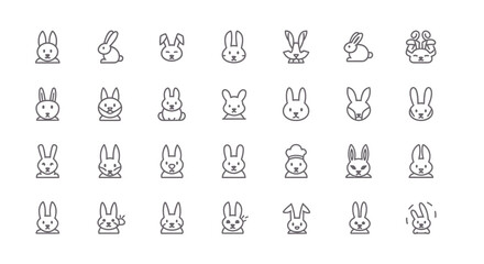 Collection of stylized line-art bunny illustrations in various poses and expressions. Includes full and partial body shots, some with hats or details like a peace sign. All on white background