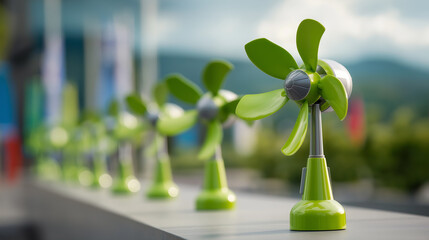 wind farm, toy-like turbines spinning slowly