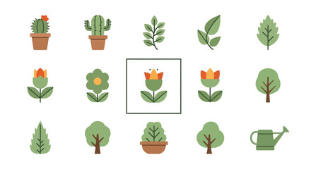 A vibrant collection of flat-style botanical illustrations on a white backdrop, featuring potted cacti, leafy branches, various flowers, trees, and a watering can, creating a sense of growth