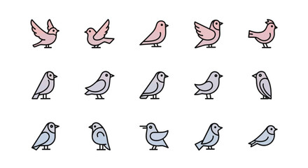 A collection of stylized bird icons, presented in rows, with varied poses and wing positions, and color gradients. Each bird has black outline