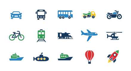 A collection of transportation icons in various colors, depicting cars, buses, trains, aircraft, and watercraft. Each icon isolated against a white background