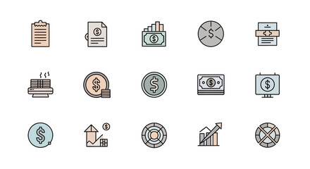 A collection of various icons related to finance, money, and investment, including charts, currency, documents, and reports. Flat design with soft colors
