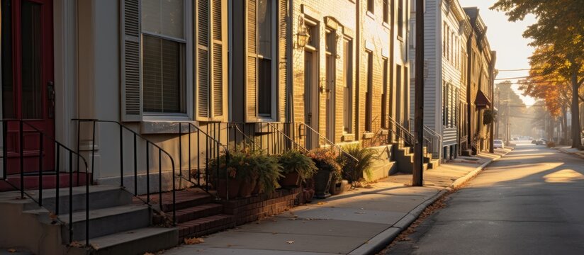 ornate buildings, brick facade, cobblestone street, warm lighting, fall foliage, cozy atmosphere, city sidewalk, urban setting, architectural details, historical architecture, golden hour lighting, qu