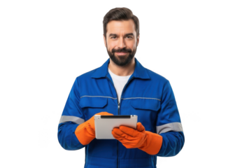 Man in blue work uniform and orange gloves holding tablet isolated on transparent background