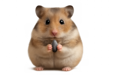 Hamster standing on hind legs holding sunflower seed with paws, cute fluffy rodent eating snack
