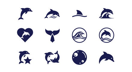 A collection of minimalist navy blue dolphin illustrations on a white background.  Various poses and abstract concepts are represented. Icons