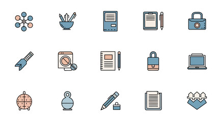A collection of simple, outlined icons on a white background, featuring various office and tech related items, in a soft pastel color palette