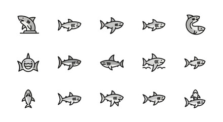 A collection of stylized, cartoon-like illustrations of sharks in various poses and expressions. Each shark has a gray body with black outlines. Some are in motion, others more static