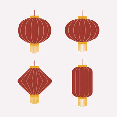 Four stylized red Chinese lanterns with yellow tassels on a light background red lantern traditional lantern vector illustration.