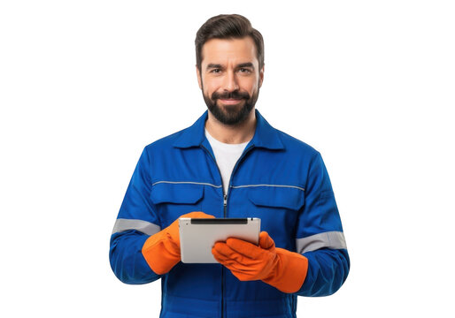Man in blue work uniform and orange gloves holding tablet isolated on transparent background - Powered by Adobe