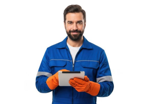 Man in blue work uniform and orange gloves holding tablet isolated on transparent background