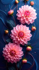Pink dahlias cascade on dark blue background, ornate detail