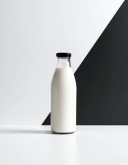 Full milk bottle before monochrome geometric backdrop