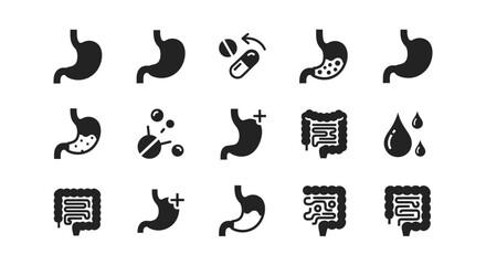 A set of medical icons showcasing the digestive system. Illustrations include stomachs, intestines, pills, drops, and signs indicating health or illness.  The style is minimalist and clean