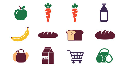 A collection of stylized, colorful food icons. Apple, carrot, bottle, banana, loafs of bread, milk carton, shopping cart, and a group of containers are present. Simple and clean design