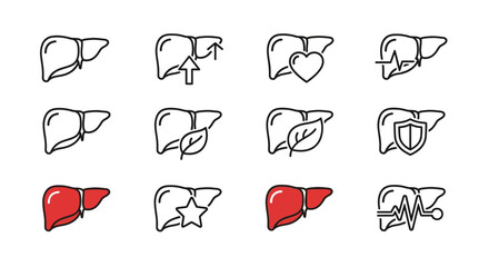 A collection of stylized liver illustrations, some with visual metaphors like arrows, hearts, leaves, shields, and waveforms. The designs feature both outline and colored versions for a graphic appeal