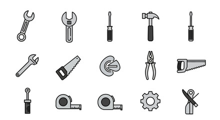 A collection of simple, illustrated repair tools, in a flat design style, including wrenches, screwdrivers, saws, pliers, and more. All tools are in shades of gray
