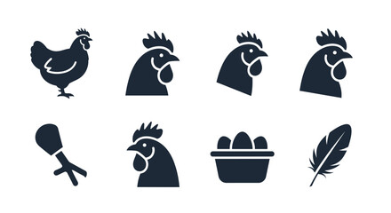 A collection of stylized chicken-related icons, featuring a full hen, head profiles, a drumstick, eggs in a basket, and a feather, all depicted in a simplified, graphic style © gudangPIXEL