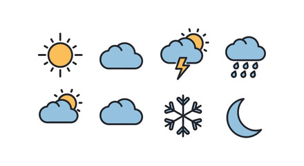A collection of simple weather icons, depicting sunny, cloudy, stormy, rainy, partially sunny, snowing, and crescent moon conditions. Each icon is a colorful, outlined design