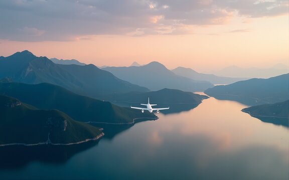 Aerial view of Lake Baikal mountainous landscape with white airplane flying over green and blue mountains. Sky transitions from orange to pink near clouds. Perfect for travel agency and tours. - Powered by Adobe
