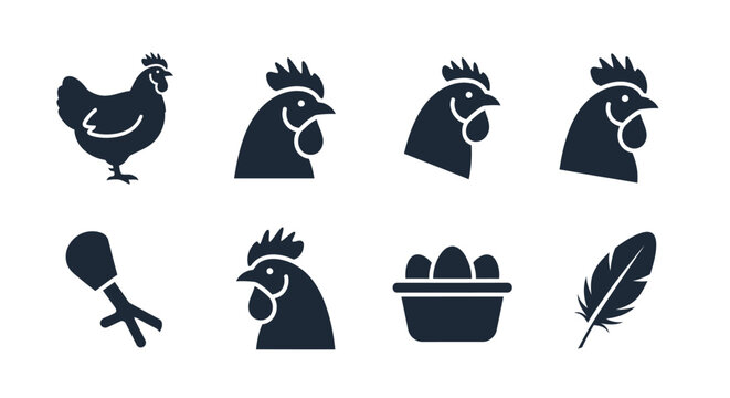 A collection of stylized chicken-related icons, featuring a full hen, head profiles, a drumstick, eggs in a basket, and a feather, all depicted in a simplified, graphic style