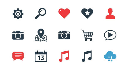 Collection of stylized digital icons. Includes gear, magnifying glass, heart, star heart, user, camera, map, shopping cart, play button, chat, calendar, musical note, cloud