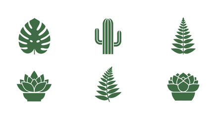 A minimalist botanical arrangement, showcasing six stylized green plant illustrations against a stark white backdrop. Various leaf shapes and potted succulents are depicted in a flat design style